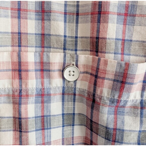 Banana Republic Size Large Mens Plaid Shirt Red Short Sleeve Top Like Linen - Picture 3 of 4